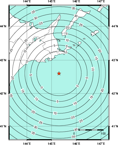 緊急地震速報第1報提供から主要動到達までの時間及び推計震度分布図
