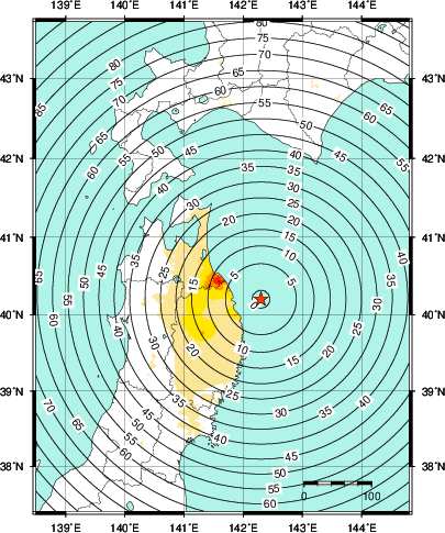 緊急地震速報第1報提供から主要動到達までの時間及び推計震度分布図