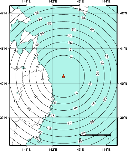 緊急地震速報第1報提供から主要動到達までの時間及び推計震度分布図