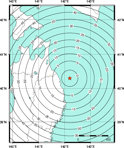 緊急地震速報第1報提供から主要動到達までの時間及び推計震度分布図