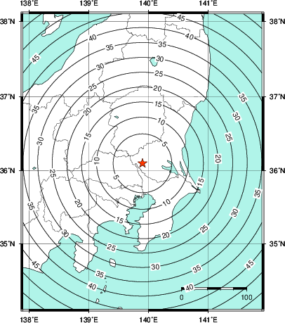 緊急地震速報第1報提供から主要動到達までの時間及び推計震度分布図