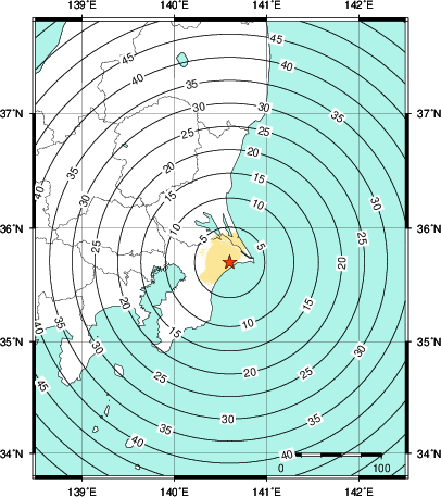 緊急地震速報第1報提供から主要動到達までの時間及び推計震度分布図
