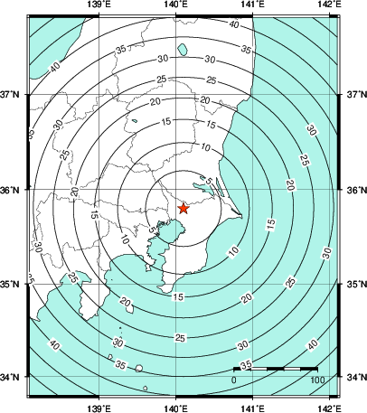 緊急地震速報第1報提供から主要動到達までの時間及び推計震度分布図
