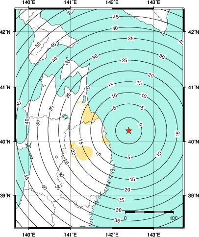 緊急地震速報第1報提供から主要動到達までの時間及び推計震度分布図