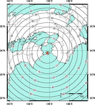 緊急地震速報第1報提供から主要動到達までの時間及び推計震度分布図