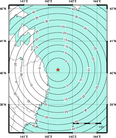 緊急地震速報第1報提供から主要動到達までの時間及び推計震度分布図