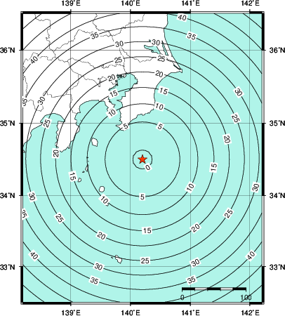 緊急地震速報第1報提供から主要動到達までの時間及び推計震度分布図