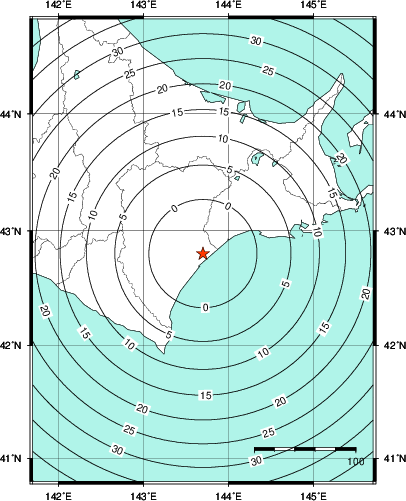 緊急地震速報第1報提供から主要動到達までの時間及び推計震度分布図