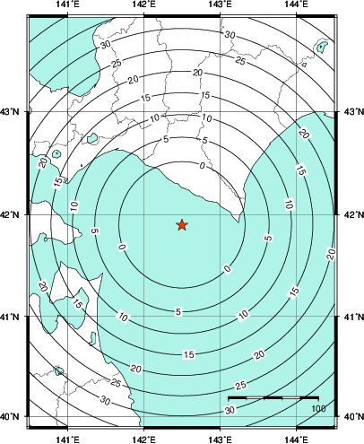 緊急地震速報第1報提供から主要動到達までの時間及び推計震度分布図