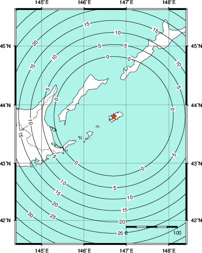 緊急地震速報第1報提供から主要動到達までの時間及び推計震度分布図