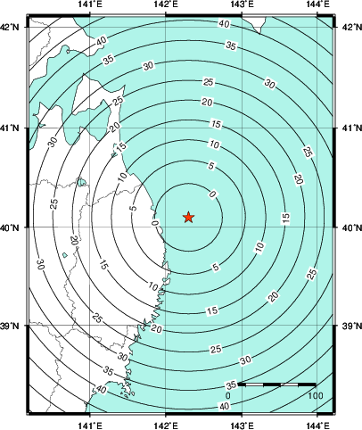 緊急地震速報第1報提供から主要動到達までの時間及び推計震度分布図