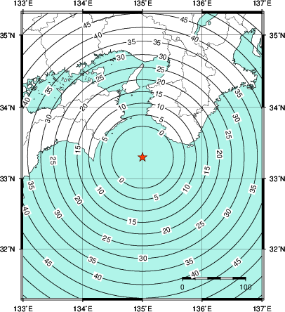緊急地震速報第1報提供から主要動到達までの時間及び推計震度分布図
