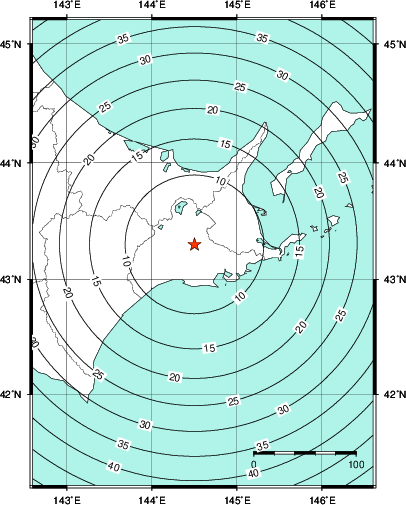 緊急地震速報第1報提供から主要動到達までの時間及び推計震度分布図