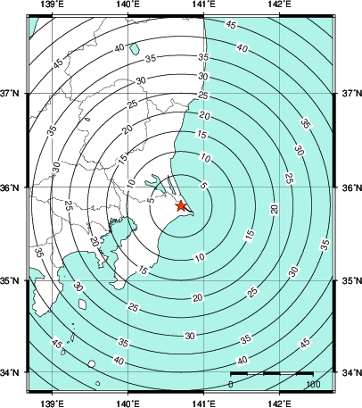 緊急地震速報第1報提供から主要動到達までの時間及び推計震度分布図