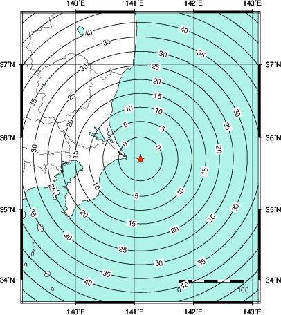 緊急地震速報第1報提供から主要動到達までの時間及び推計震度分布図