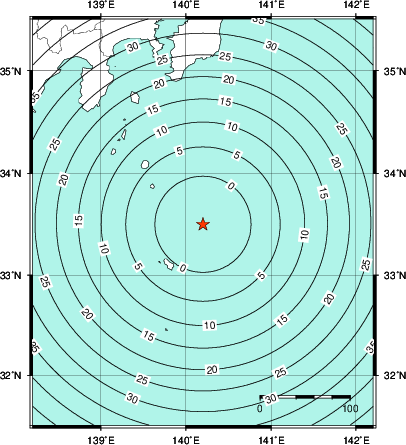 緊急地震速報第1報提供から主要動到達までの時間及び推計震度分布図