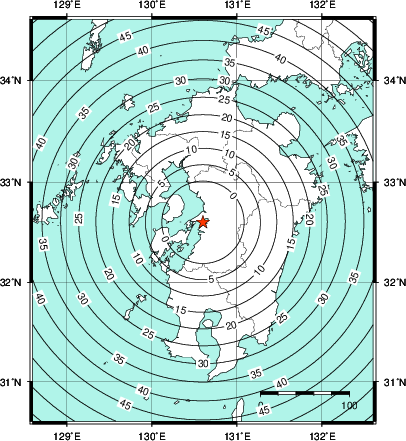 緊急地震速報第1報提供から主要動到達までの時間及び推計震度分布図