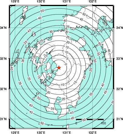 緊急地震速報第1報提供から主要動到達までの時間及び推計震度分布図