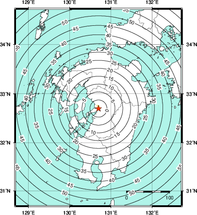緊急地震速報第1報提供から主要動到達までの時間及び推計震度分布図