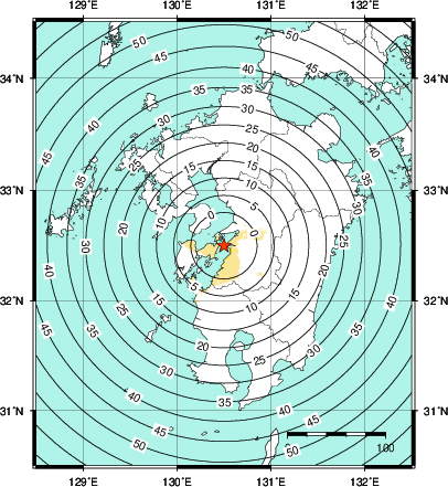 緊急地震速報第1報提供から主要動到達までの時間及び推計震度分布図