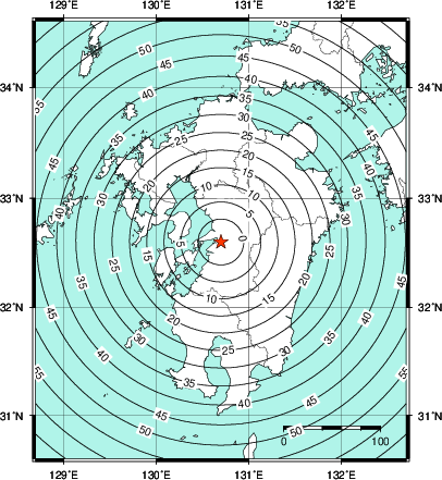 緊急地震速報第1報提供から主要動到達までの時間及び推計震度分布図