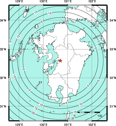 緊急地震速報第1報提供から主要動到達までの時間及び推計震度分布図