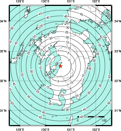 緊急地震速報第1報提供から主要動到達までの時間及び推計震度分布図