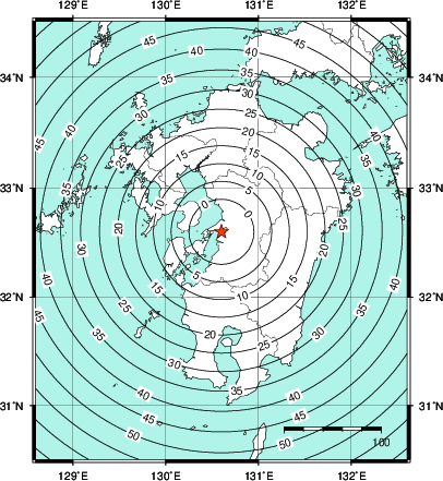 緊急地震速報第1報提供から主要動到達までの時間及び推計震度分布図