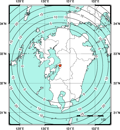 緊急地震速報第1報提供から主要動到達までの時間及び推計震度分布図
