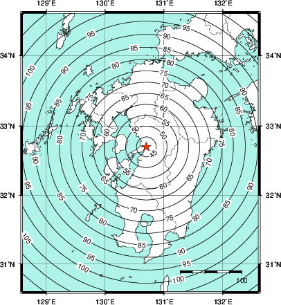 緊急地震速報第1報提供から主要動到達までの時間及び推計震度分布図