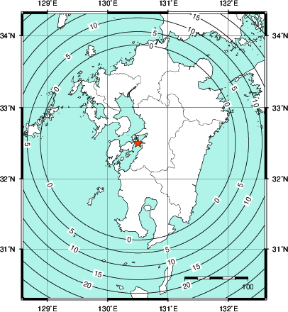緊急地震速報第1報提供から主要動到達までの時間及び推計震度分布図