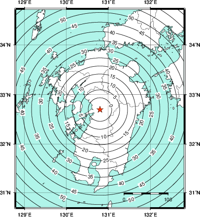 緊急地震速報第1報提供から主要動到達までの時間及び推計震度分布図
