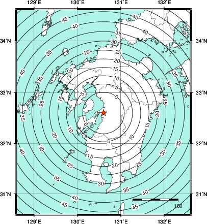 緊急地震速報第1報提供から主要動到達までの時間及び推計震度分布図