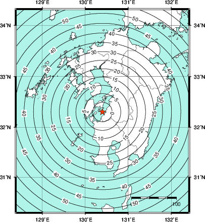 緊急地震速報第1報提供から主要動到達までの時間及び推計震度分布図