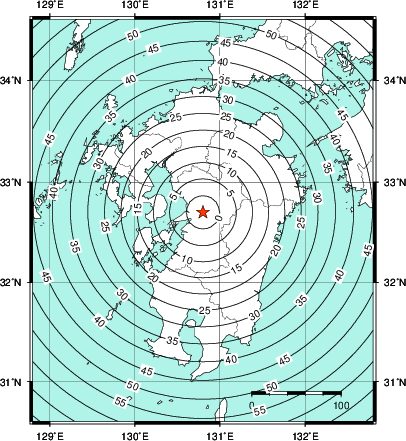 緊急地震速報第1報提供から主要動到達までの時間及び推計震度分布図