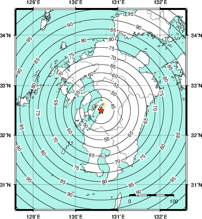 緊急地震速報第1報提供から主要動到達までの時間及び推計震度分布図