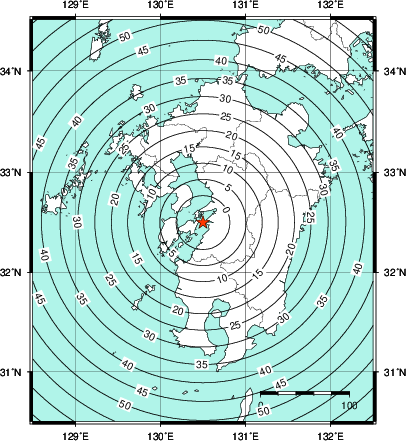 緊急地震速報第1報提供から主要動到達までの時間及び推計震度分布図