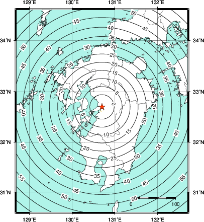 緊急地震速報第1報提供から主要動到達までの時間及び推計震度分布図