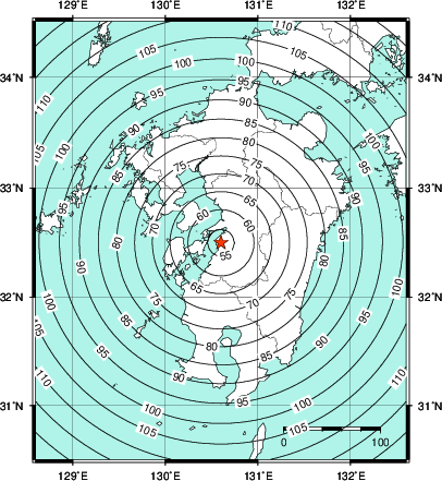 緊急地震速報第1報提供から主要動到達までの時間及び推計震度分布図