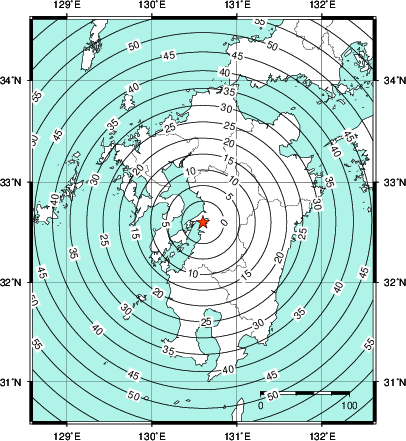 緊急地震速報第1報提供から主要動到達までの時間及び推計震度分布図