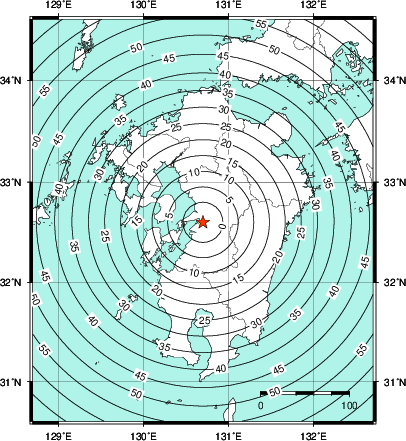 緊急地震速報第1報提供から主要動到達までの時間及び推計震度分布図