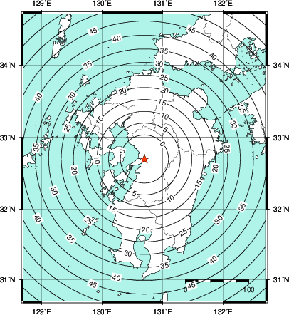 緊急地震速報第1報提供から主要動到達までの時間及び推計震度分布図