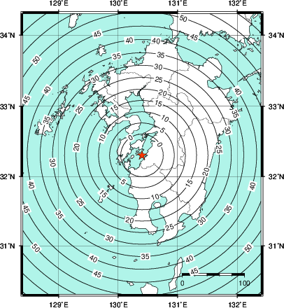 緊急地震速報第1報提供から主要動到達までの時間及び推計震度分布図