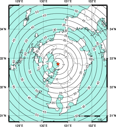 緊急地震速報第1報提供から主要動到達までの時間及び推計震度分布図