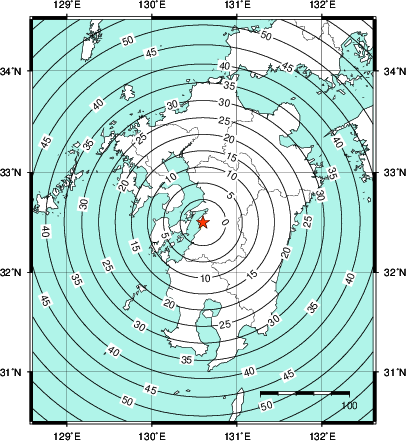 緊急地震速報第1報提供から主要動到達までの時間及び推計震度分布図