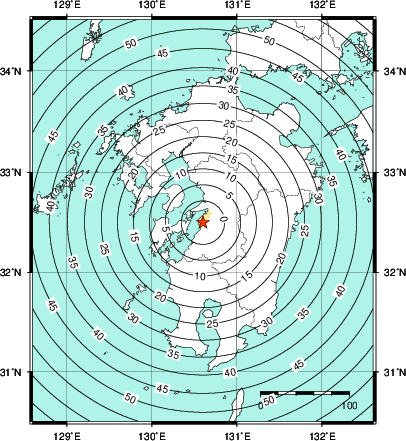 緊急地震速報第1報提供から主要動到達までの時間及び推計震度分布図