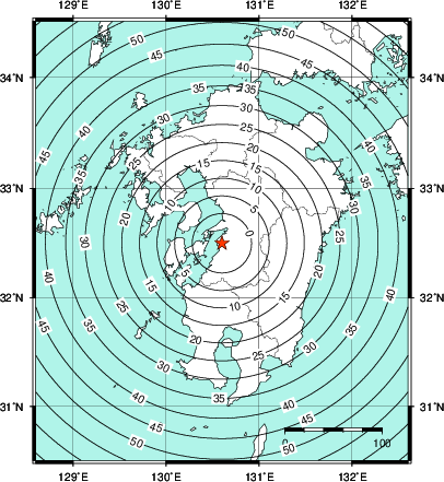 緊急地震速報第1報提供から主要動到達までの時間及び推計震度分布図