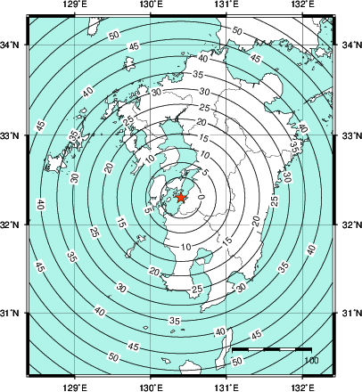 緊急地震速報第1報提供から主要動到達までの時間及び推計震度分布図