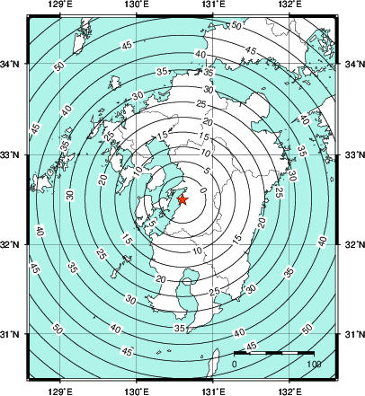 緊急地震速報第1報提供から主要動到達までの時間及び推計震度分布図