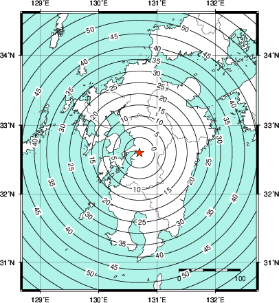 緊急地震速報第1報提供から主要動到達までの時間及び推計震度分布図